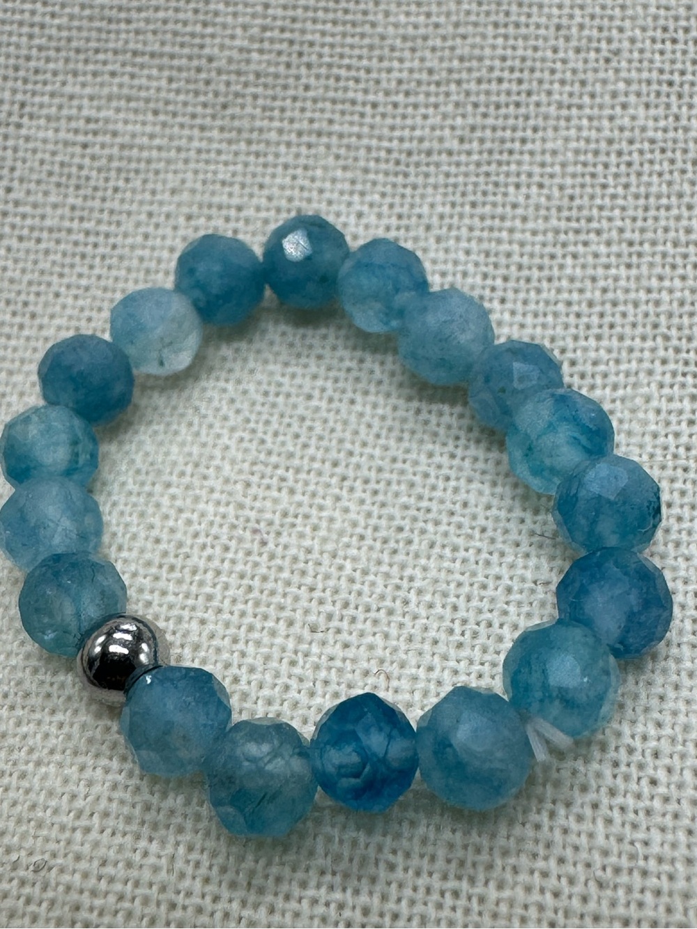 Natural Blue Stone Beaded Stretch Ring Steel Accent